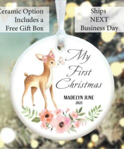 Baby Girl Deer Watercolor Babys First Christmas Ornament 1