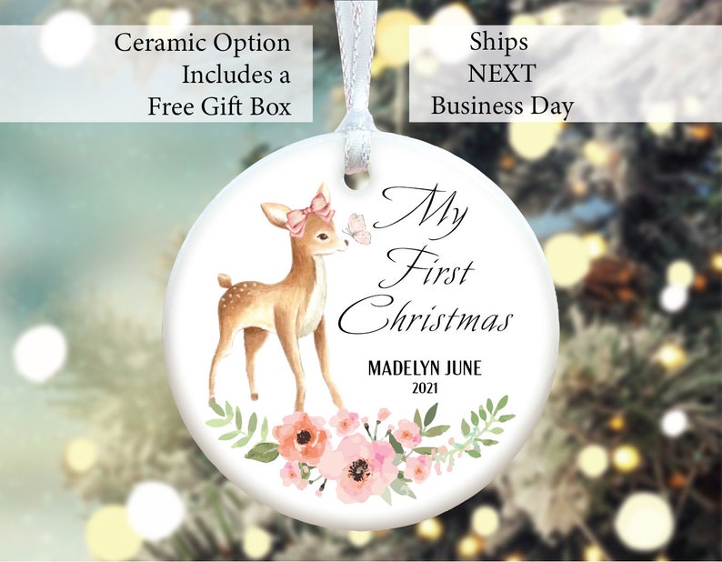 Baby Girl Deer Watercolor Babys First Christmas Ornament 1 Baby Girl Deer Watercolor Babys First Christmas Ornament 1