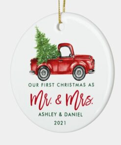 Custom Name Vintage Red Truck Mr and Mrs First Christmas Ornament 1