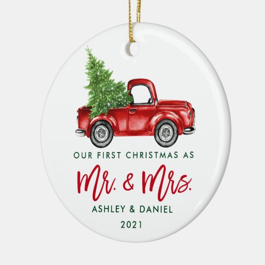 Custom Name Vintage Red Truck Mr and Mrs First Christmas Ornament 1 Custom Name Vintage Red Truck Mr and Mrs First Christmas Ornament 1