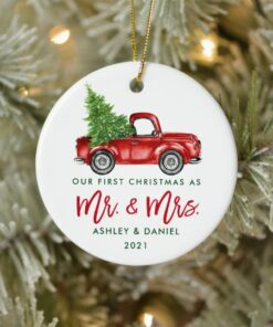 Custom Name Vintage Red Truck Mr and Mrs First Christmas Ornament