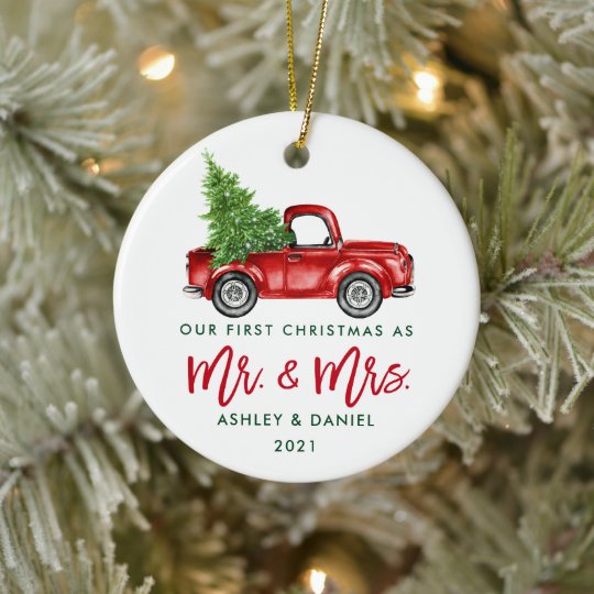 Custom Name Vintage Red Truck Mr and Mrs First Christmas Ornament Custom Name Vintage Red Truck Mr and Mrs First Christmas Ornament
