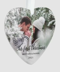 Custom Photo Our First Christmas Couple Heart Ornament 1