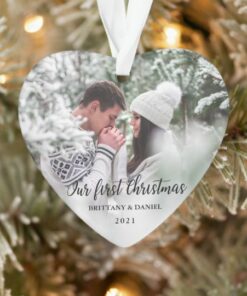 Custom Photo Our First Christmas Couple Heart Ornament