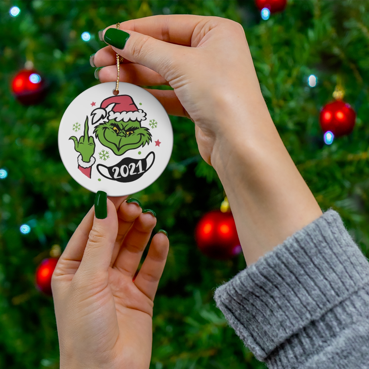 Grinch Giving the Finger Merry Fucking Christmas 2021 ornament 1 Grinch Giving the Finger Merry Fucking Christmas 2021 ornament 1
