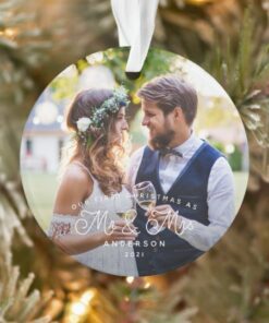 Personalized Our First Christmas Mr and Mrs Wedding Photo Ornament