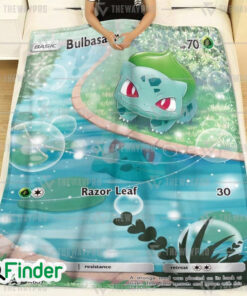 Bulbasaur Razor Leaf Pokemon Trading Card Fleece Blanket 1
