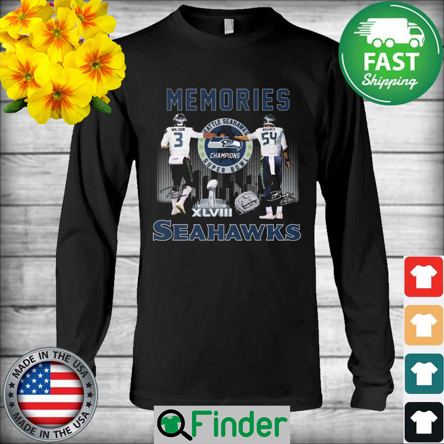 Seattle Seahawks XLVIII Super Bowl Wilson and Wagner Memories Seahawks skyline signatures Long Sleeve Seattle Seahawks XLVIII Super Bowl Wilson and Wagner Memories Seahawks skyline signatures Long Sleeve