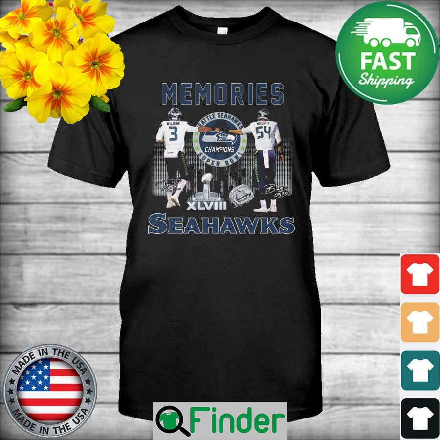 Seattle Seahawks XLVIII Super Bowl Wilson and Wagner Memories Seahawks skyline signatures shirt Seattle Seahawks XLVIII Super Bowl Wilson and Wagner Memories Seahawks skyline signatures shirt