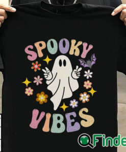 T shirt black Spooky Vibes T Shirt, Groovy Halloween Tee, Retro Ghost T Shirt, Hippie Halloween Shirt