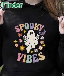 black hoodie Spooky Vibes T Shirt, Groovy Halloween Tee, Retro Ghost T Shirt, Hippie Halloween Shirt