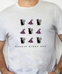 white Shirt Ghouls Night Out, Kitty Cat Witches Hat Tshirt, Spooky Halloween Shirt
