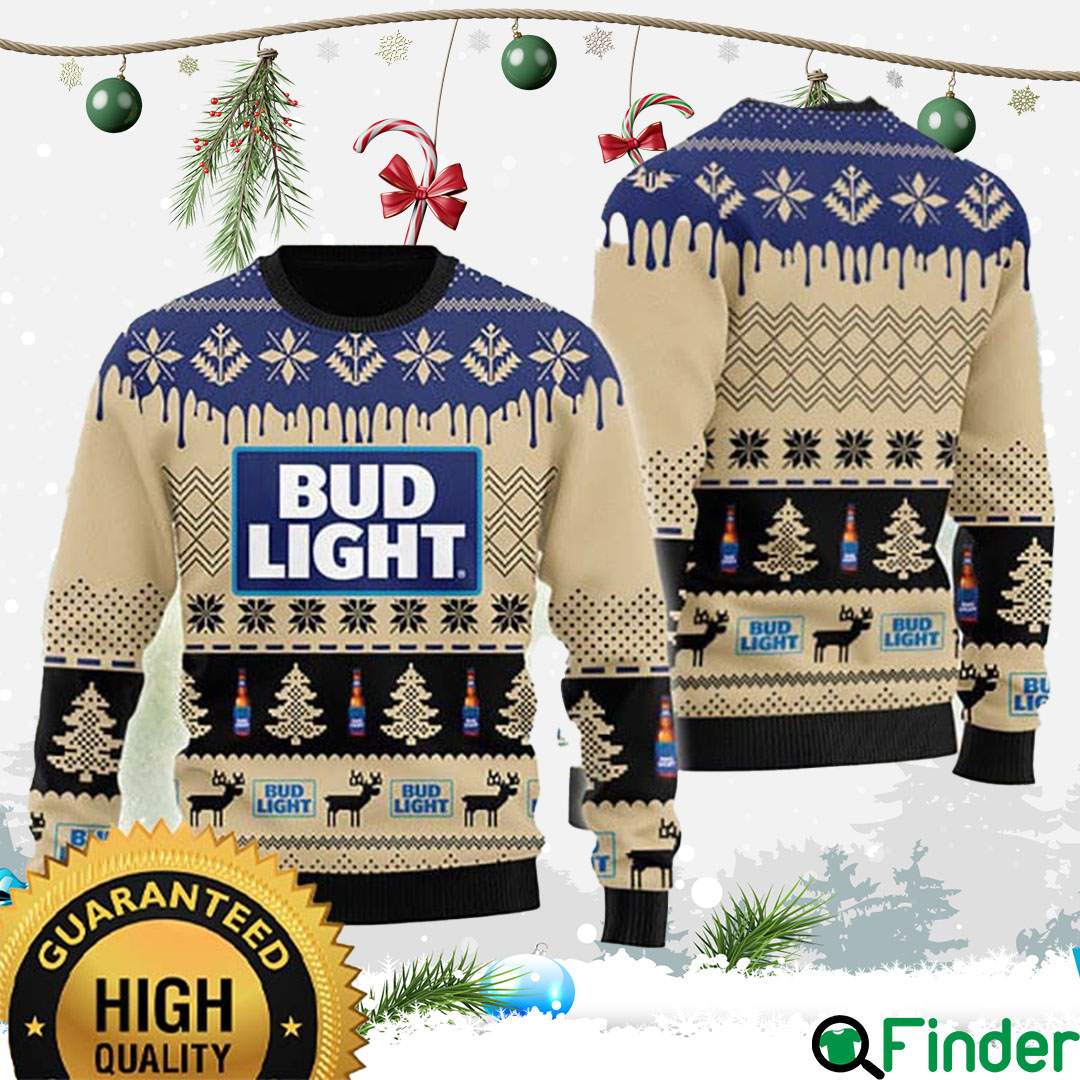 Bud Light Big Logo With Snowflakes Pine Tree And Reindeer Pattern Vintage Holiday Ugly Sweater Bud Light Big Logo With Snowflakes Pine Tree And Reindeer Pattern Vintage Holiday Ugly Sweater