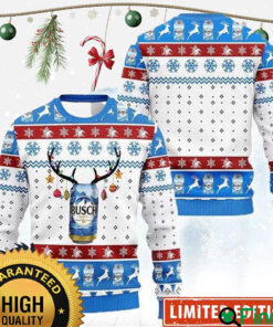 Busch Light Beer Reindeer Snowflakes Knitting White And Blue Christmas Ugly Sweater