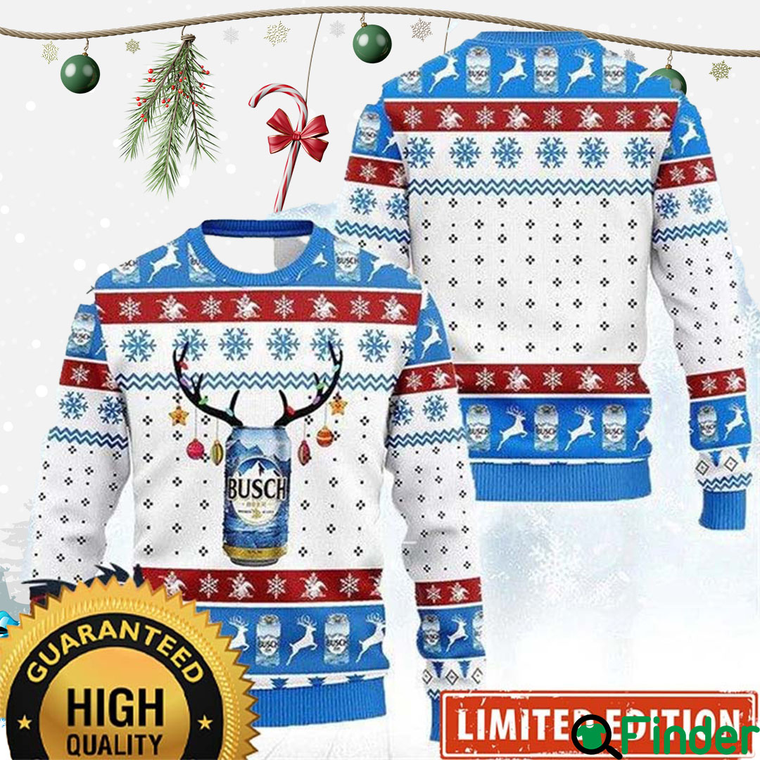 Busch Light Beer Reindeer Snowflakes Knitting White And Blue Christmas Ugly Sweater Busch Light Beer Reindeer Snowflakes Knitting White And Blue Christmas Ugly Sweater