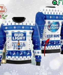 Personalized Bu d Light Makes Me High Ugly Christmas Sweater, Bu d Light Beer Sweatshirt, Beer Logo All Over Print Sweater, Gift For Fan