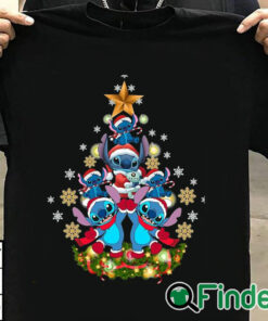 T shirt black Stitch Santa hat Christmas tree star shirt