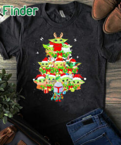 black T shirt Baby Yoda Santa Christmas tree lighting shirt