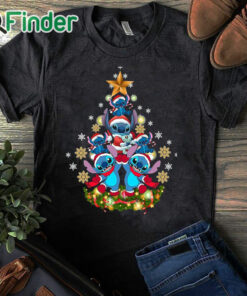 black T shirt Stitch Santa hat Christmas tree star shirt