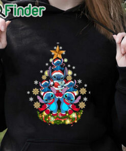black hoodie Stitch Santa hat Christmas tree star shirt