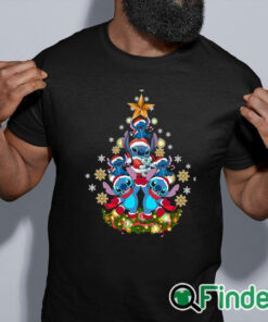 black shirt Stitch Santa hat Christmas tree star shirt
