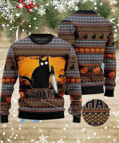 Black Cat What Funny Halloween Pumpkin Ugly Christmas Sweater For Men & Women