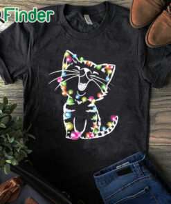 black T shirt Women's Christmas lights cat Print Sweatshirt