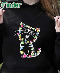 black hoodie Women's Christmas lights cat Print Sweatshirt