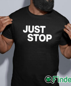 black shirt Paula London Wearing Just Stop Being Woke Shirt