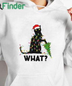white hoodie Black Cat Pushing Christmas Tree Over Cat Christmas T shirt