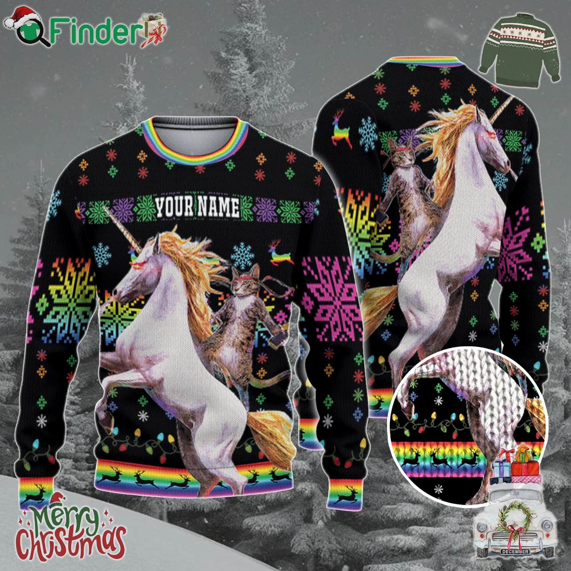 Custom Funny Christmas Holiday Ninja Cat And Unicorn Ugly Sweater