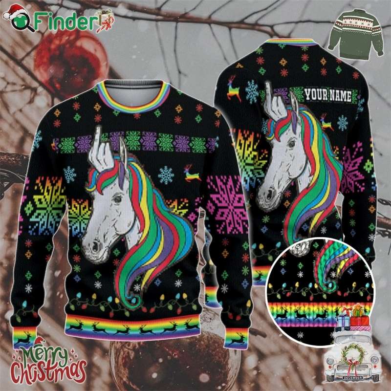 Custom Funny Christmas Holiday Unicorn Middle Finger Ugly Sweater