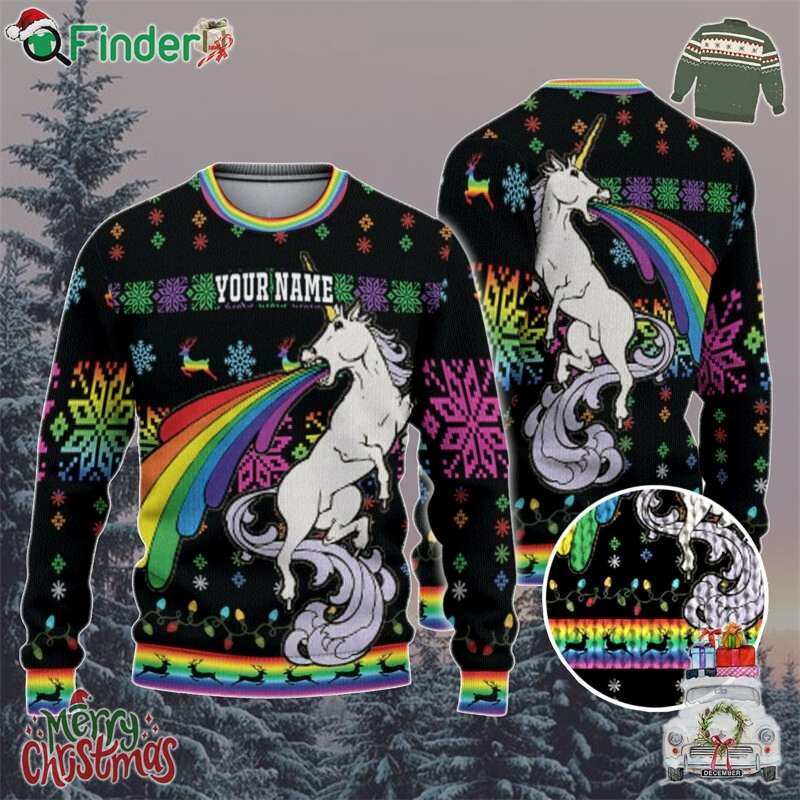 Custom Funny Christmas Holiday Unicorn Throw Up Rainbow Ugly Sweater