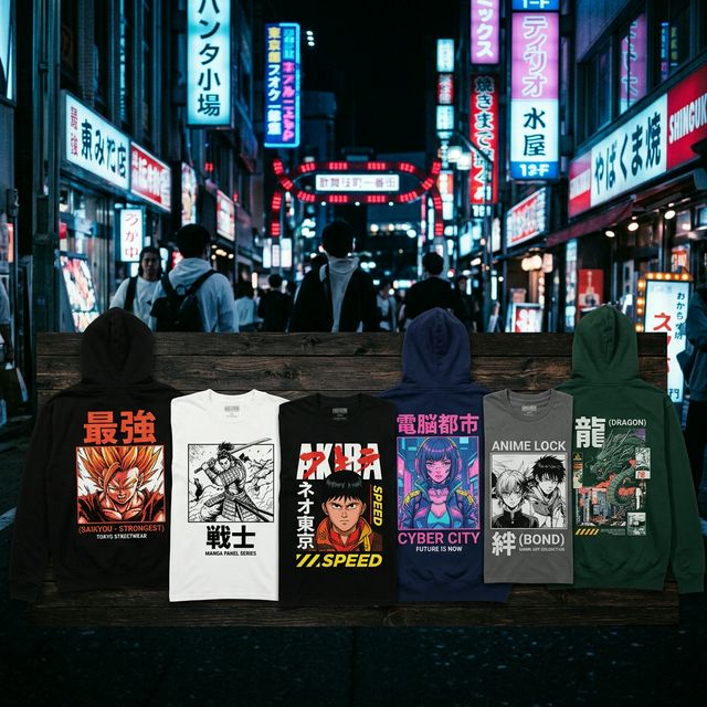 Colorful anime graphic t-shirts and hoodies with manga-style designs