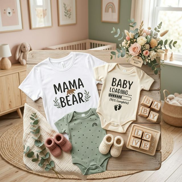 Baby shower themed shirts and onesies on pastel nursery backdrop