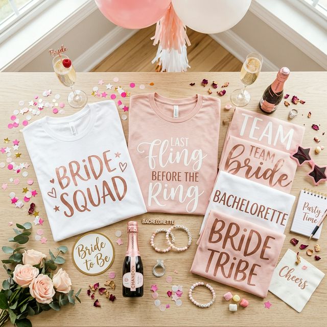 Matching bachelorette party t-shirts in pink and white with celebration accessories