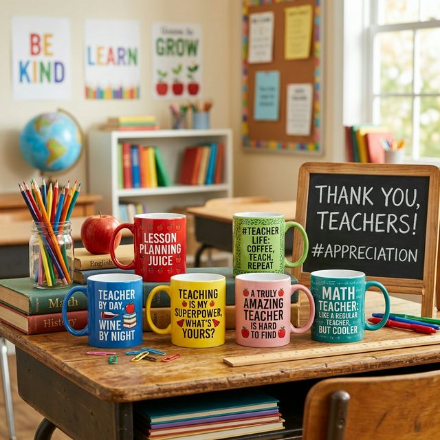 Colorful teacher appreciation coffee mugs on school desk with supplies