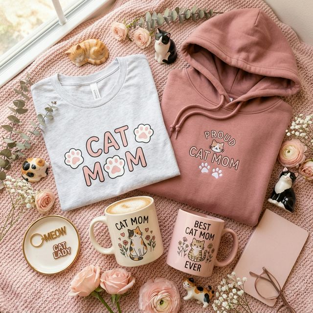 Cute cat mom themed t-shirts and coffee mugs with paw prints and cat illustrations
