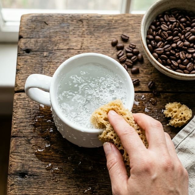 Sparkling clean white ceramic mug being washed on a rustic table