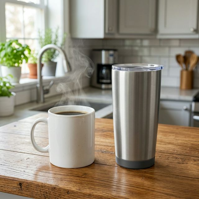 Side-by-side comparison of ceramic coffee mug and stainless steel insulated tumbler