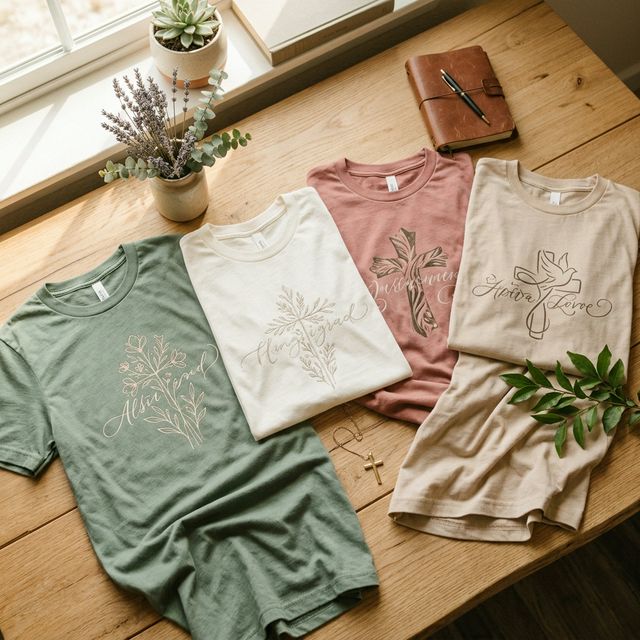 Christian faith-themed graphic t-shirts with cross designs and inspirational messages