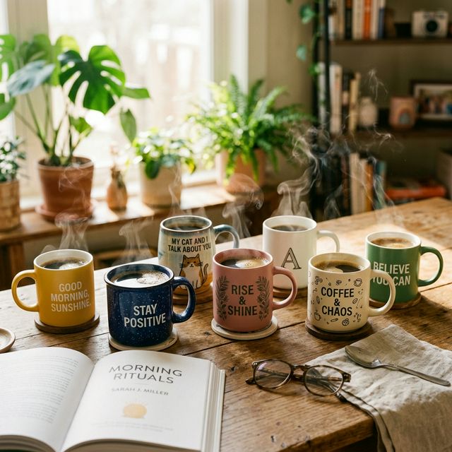 Assortment of colorful coffee mugs on wooden table with morning light