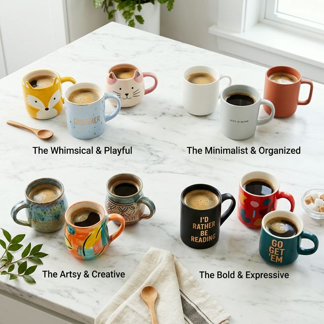 Colorful coffee mugs arranged by personality types on marble countertop