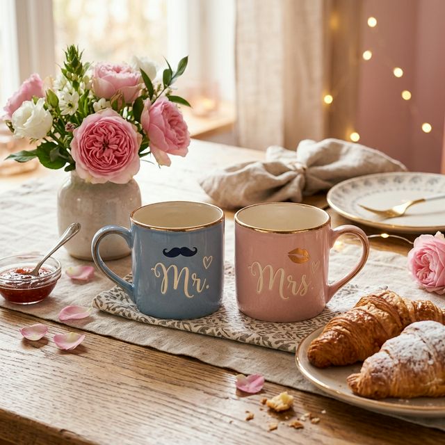 Adorable matching couple mugs Mr and Mrs with romantic breakfast setting