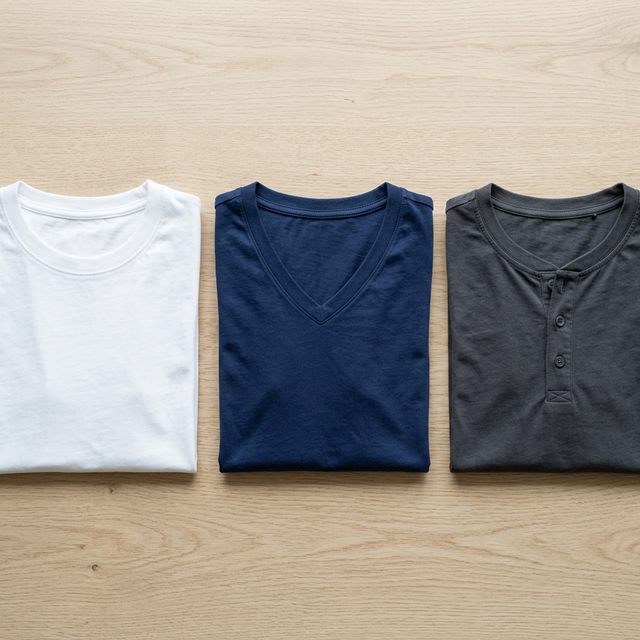 Crew neck vs V-neck vs Henley t-shirt comparison flat lay