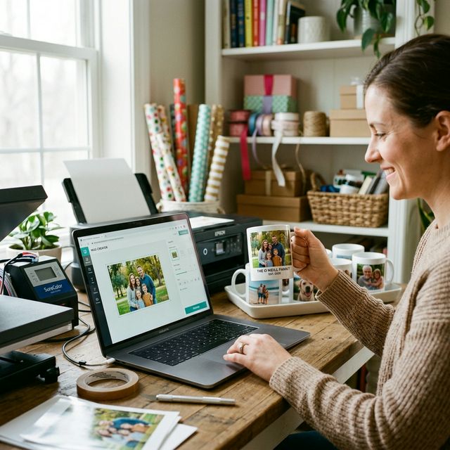 Custom photo mugs with family photos being created in a home workspace