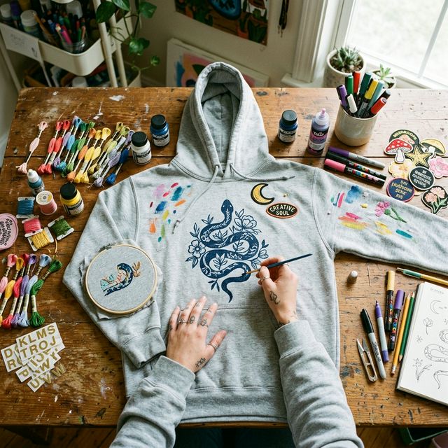 DIY hoodie customization workspace with paint brushes patches and fabric markers