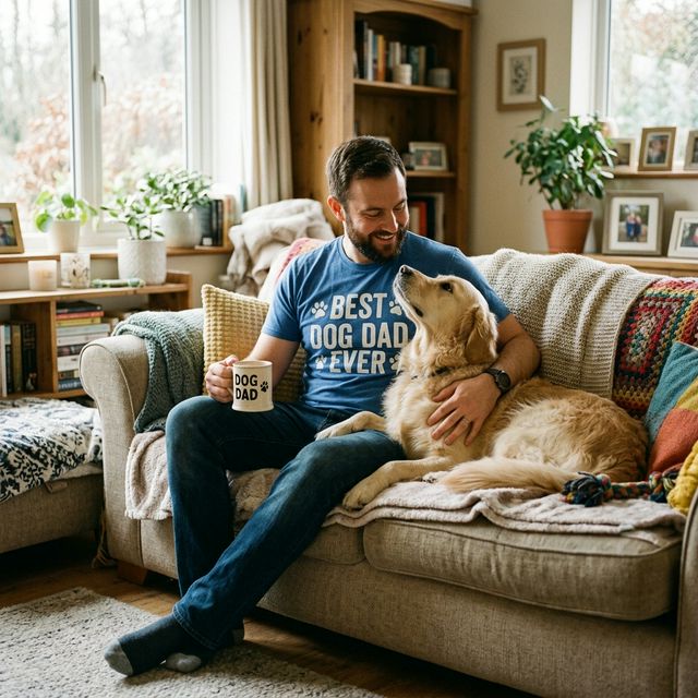 Proud dog dad wearing Best Dog Dad Ever t-shirt sitting with golden retriever on couch