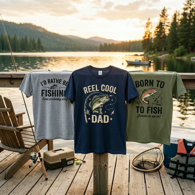 Funny fishing themed t-shirts for dads with lake and fishing gear background