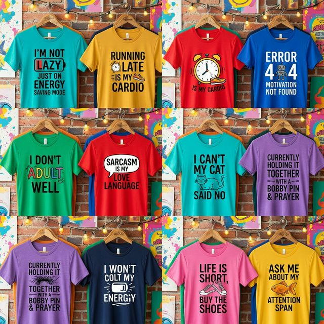 Collection of the funniest t-shirt quotes of all time displayed on colorful tees